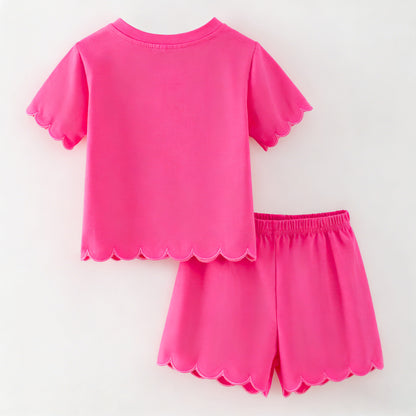 Summer Solid Hot Pink Cotton Scallop Trim Short Set