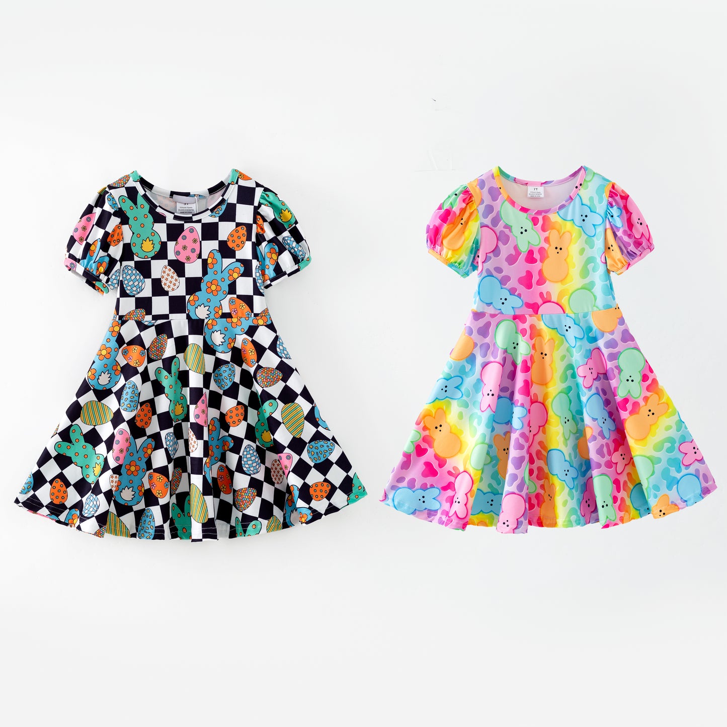 Kids Easter Colorful Plaid Bunny Print Twirl Dress