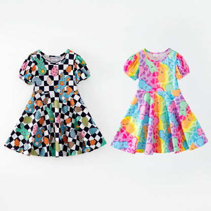 Kids Easter Colorful Plaid Bunny Print Twirl Dress