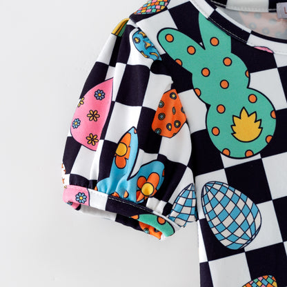Kids Easter Colorful Plaid Bunny Print Twirl Dress