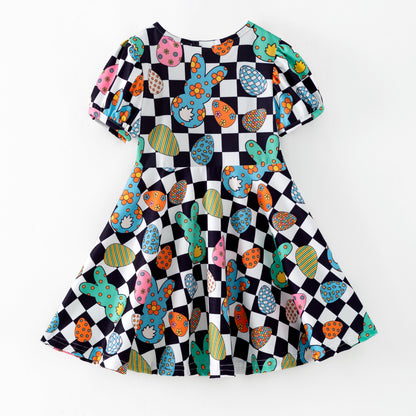 Kids Easter Colorful Plaid Bunny Print Twirl Dress