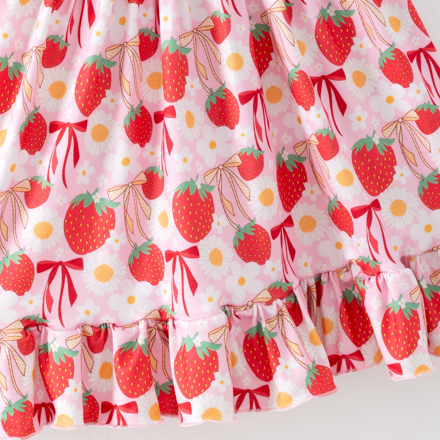 Spring Strawberry Printed Ruffled Twirl Dress For Girls