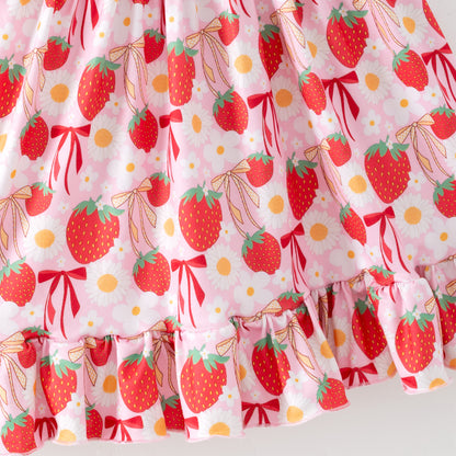 Spring Strawberry Printed Ruffled Twirl Dress For Girls