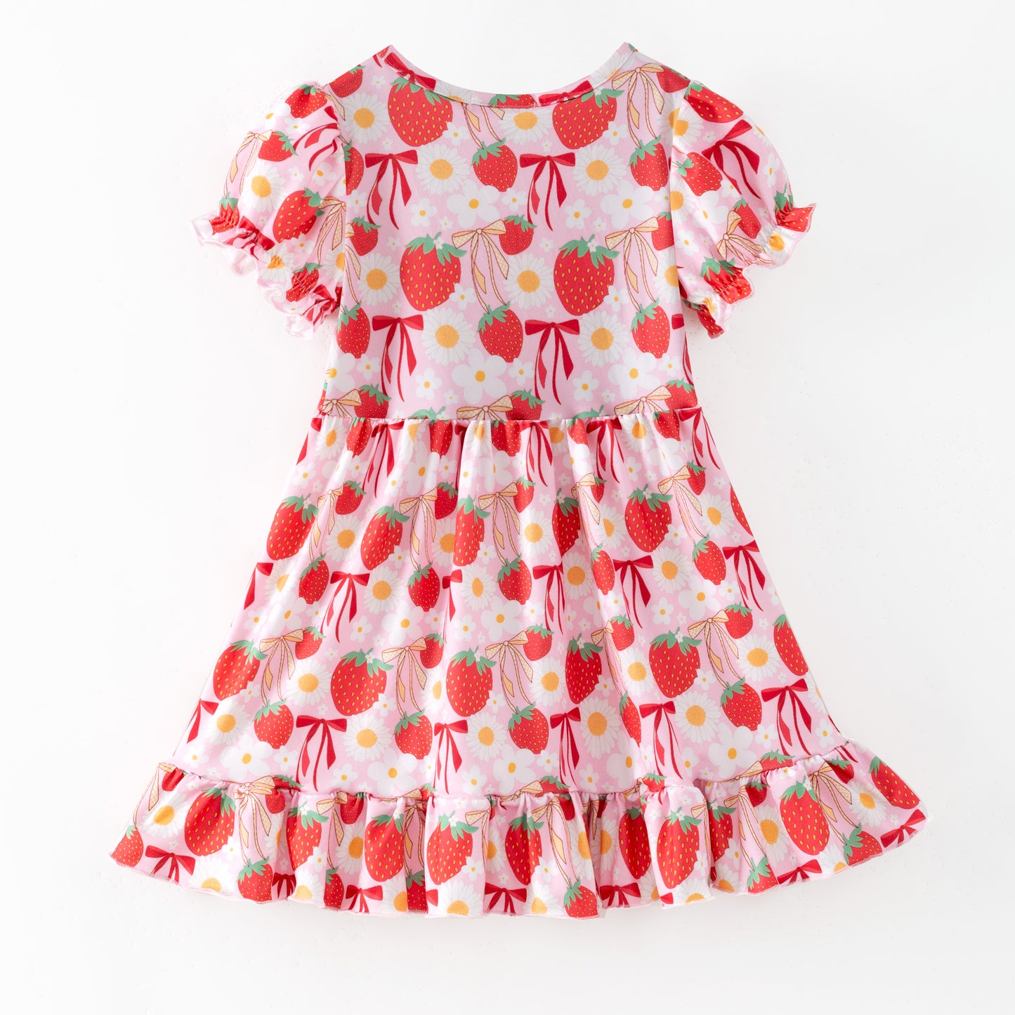 Spring Strawberry Printed Ruffled Twirl Dress For Girls