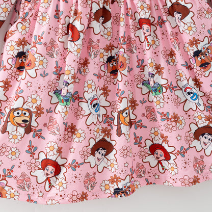 Spring Floral Character Printed Twirl Dress For Girls