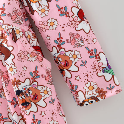 Spring Floral Character Printed Twirl Dress For Girls