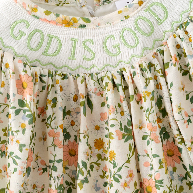 Baby Girls Fall "GOD IS GOOD" Smocked Embroidery Floral Romper