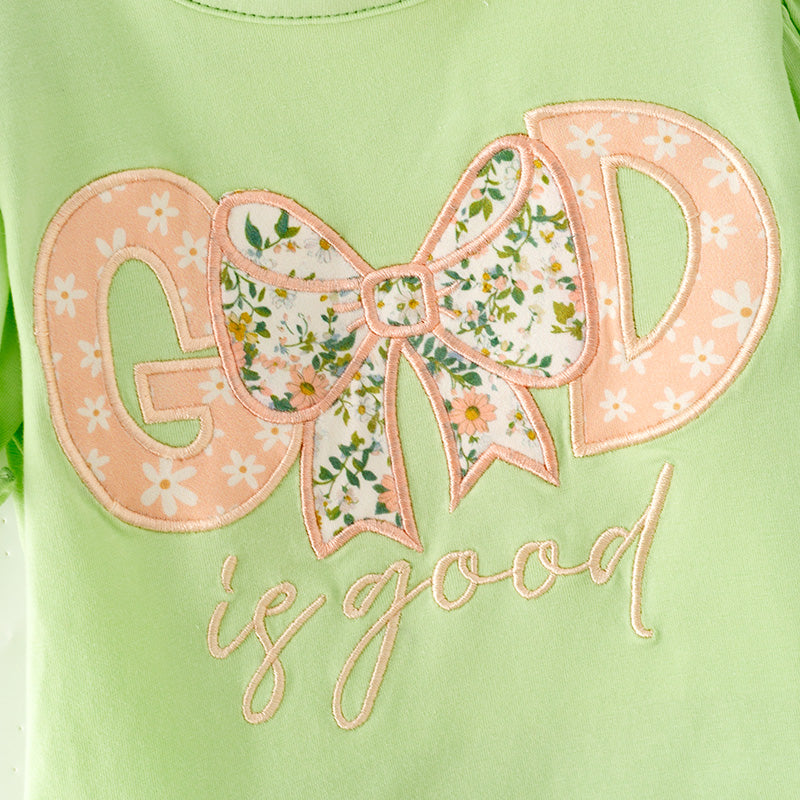 Girls Fall "GOD IS GOOD" Embroidery Green Floral Bell Pant Set