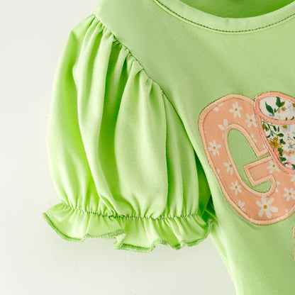 Girls Fall "GOD IS GOOD" Embroidery Green Floral Bell Pant Set