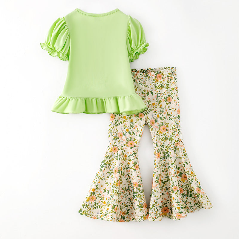 Girls Fall "GOD IS GOOD" Embroidery Green Floral Bell Pant Set