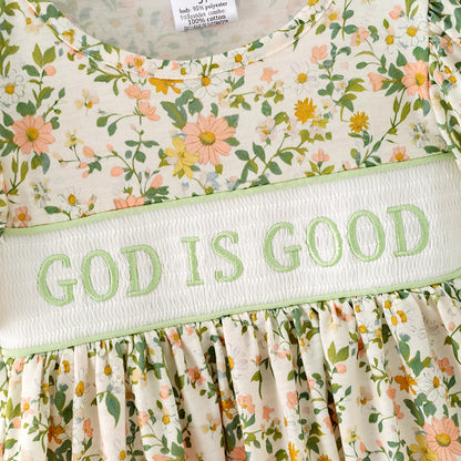 Girls Fall "GOD IS GOOD" Smocked Embroidery Green Floral Pant Set