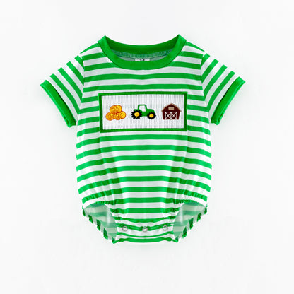 Boys Brother Summer Farm Embroidery Green Stripes Outfits