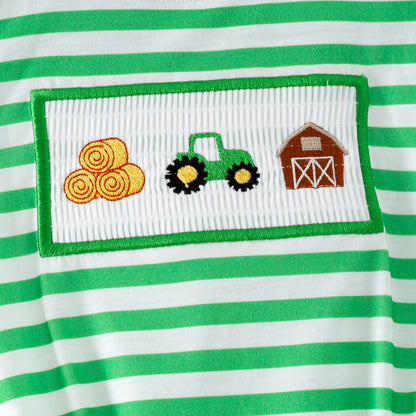 Boys Brother Summer Farm Embroidery Green Stripes Outfits