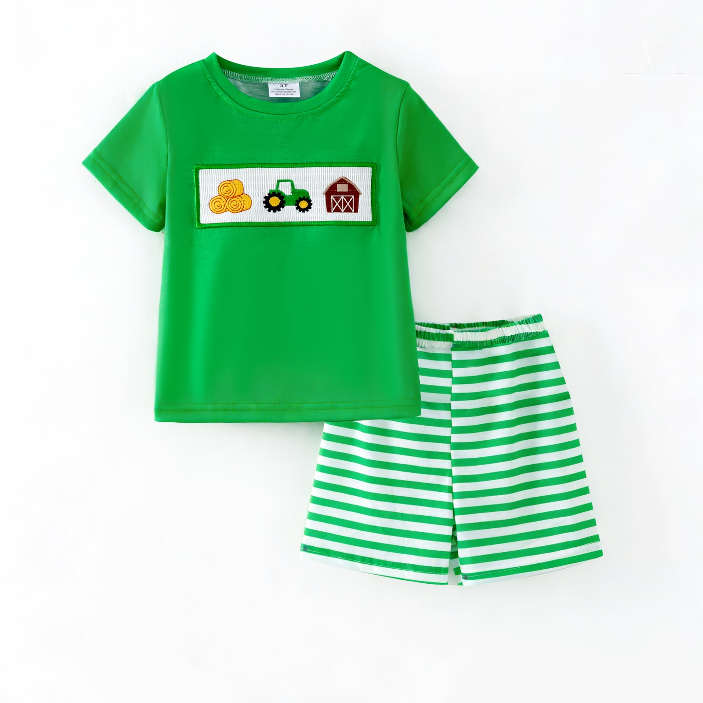 Boys Brother Summer Farm Embroidery Green Stripes Outfits
