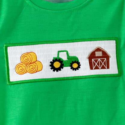 Boys Brother Summer Farm Embroidery Green Stripes Outfits