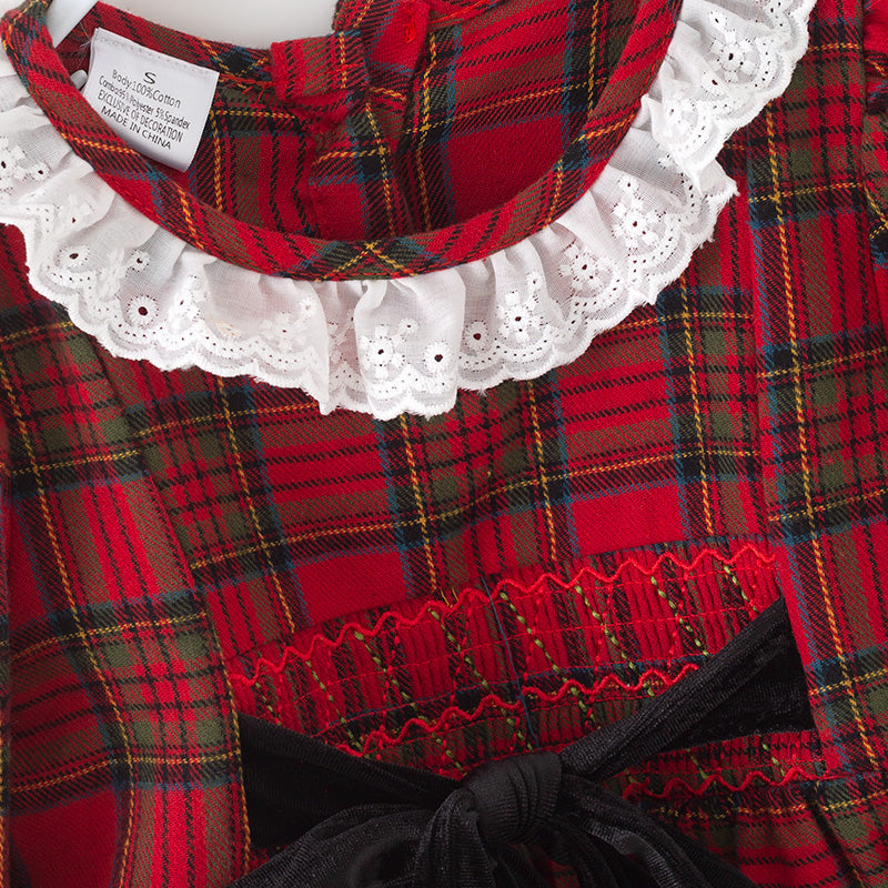 Girls Christmas Red & Black Plaid Lace Dress