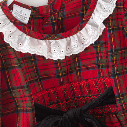 Girls Christmas Red & Black Plaid Lace Dress