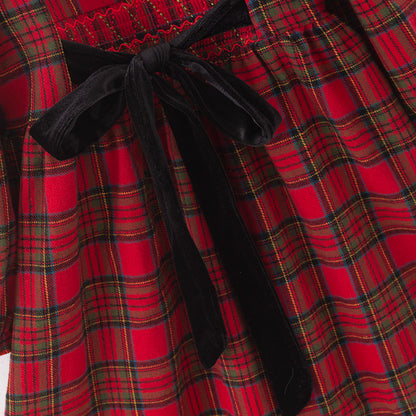 Girls Christmas Red & Black Plaid Lace Dress