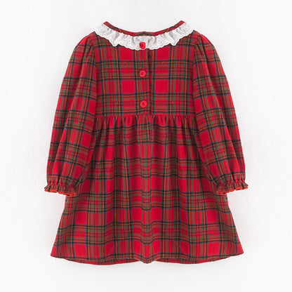 Girls Christmas Red & Black Plaid Lace Dress