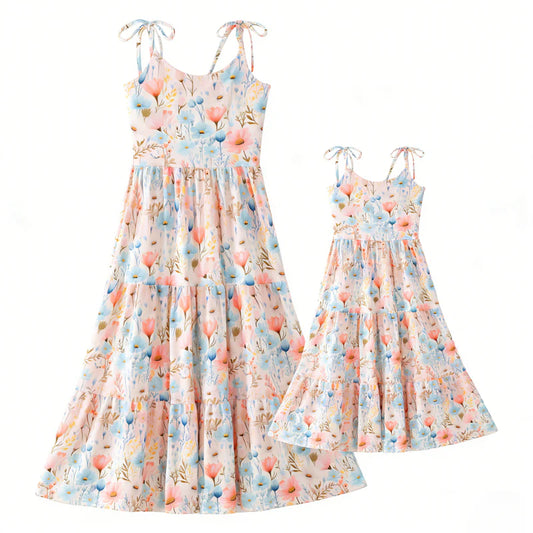 Mommy and Me Summer Floral Print Slip Maxi Ruffled Dress
