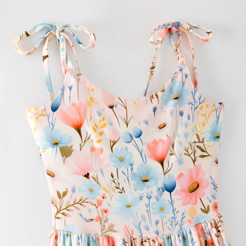 Mommy and Me Summer Floral Print Slip Maxi Ruffled Dress