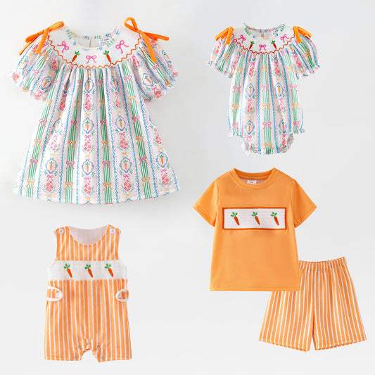 Easter Carrot Smocked Embroidery Collection – Orange Floral Bows | New Arrival