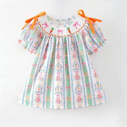 Easter Carrot Smocked Embroidery Collection – Orange Floral Bows | New Arrival