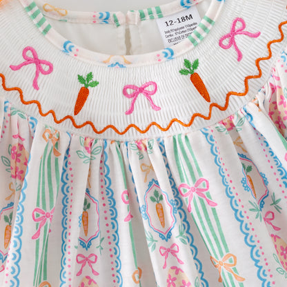 Easter Carrot Smocked Embroidery Collection – Orange Floral Bows | New Arrival