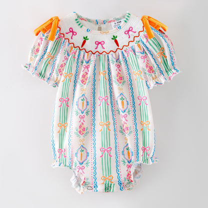 Easter Carrot Smocked Embroidery Collection – Orange Floral Bows | New Arrival