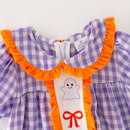 Girls Halloween Purple Orange Bow Ghost Embroidery Dress