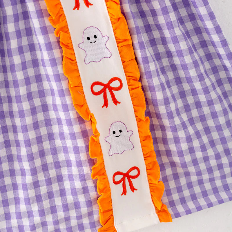 Girls Halloween Purple Orange Bow Ghost Embroidery Dress