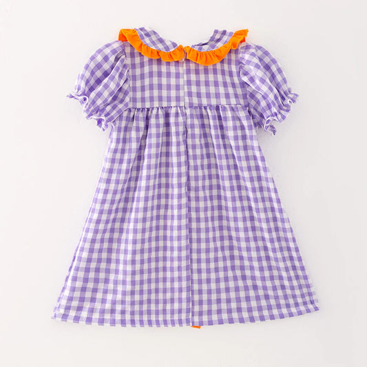 Girls Halloween Purple Orange Bow Ghost Embroidery Dress