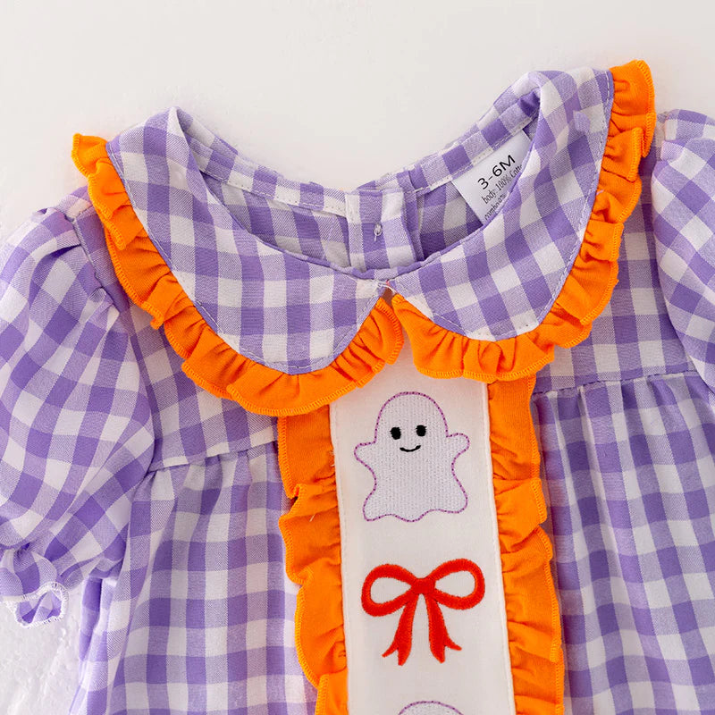 Baby Halloween Purple Orange Bow Ghost Embroidery Romper Set