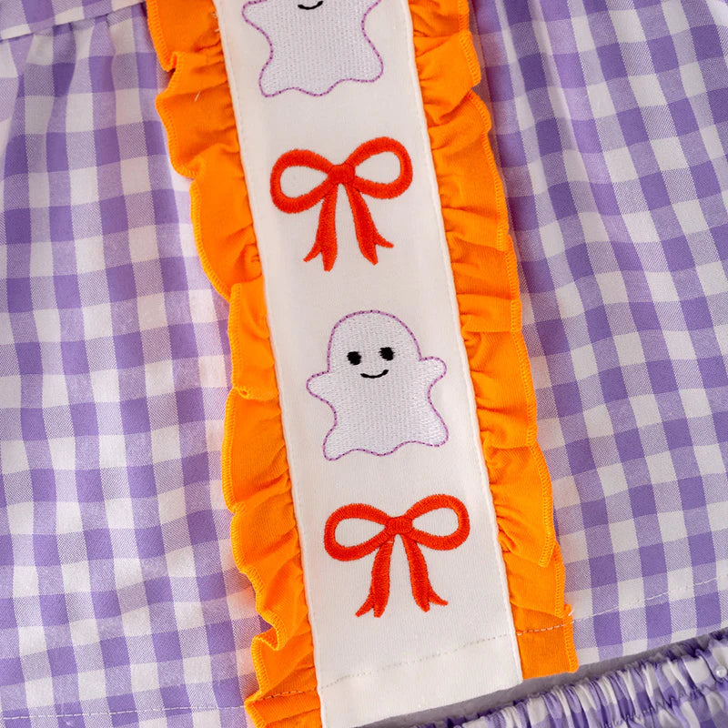 Baby Halloween Purple Orange Bow Ghost Embroidery Romper Set