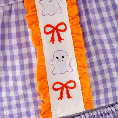 Baby Halloween Purple Orange Bow Ghost Embroidery Romper Set