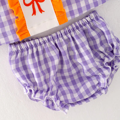 Baby Halloween Purple Orange Bow Ghost Embroidery Romper Set