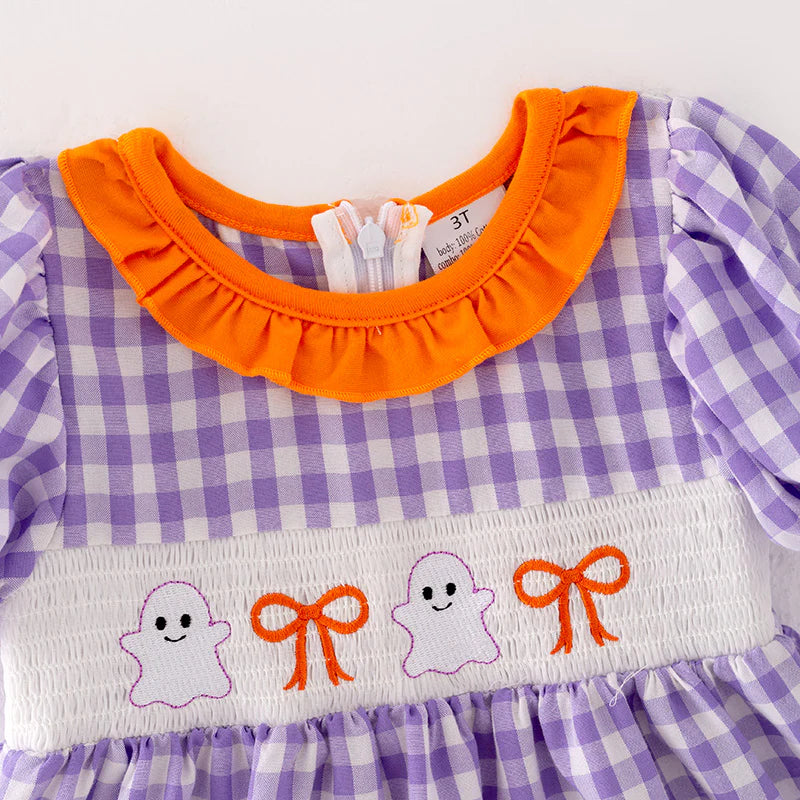 Girls Halloween Purple Orange Bow Ghost Embroidery Pant Set