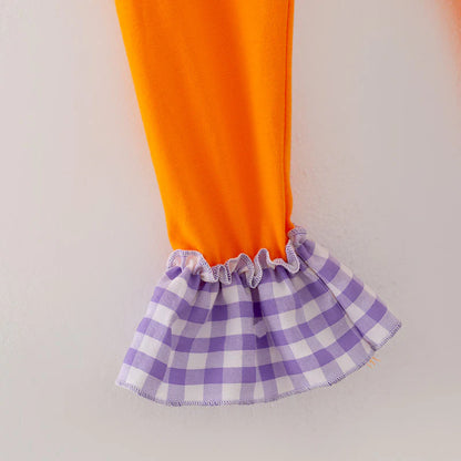 Girls Halloween Purple Orange Bow Ghost Embroidery Pant Set