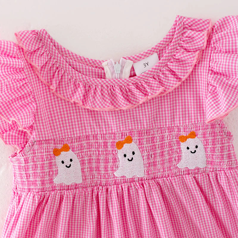 Girls Halloween Pink Ghost Smocked Embroidery Dress
