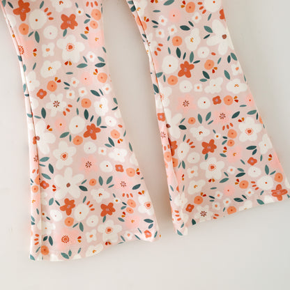 Girls Fall Winter Coral Pink Floral Print Long Sleeves Pant Set