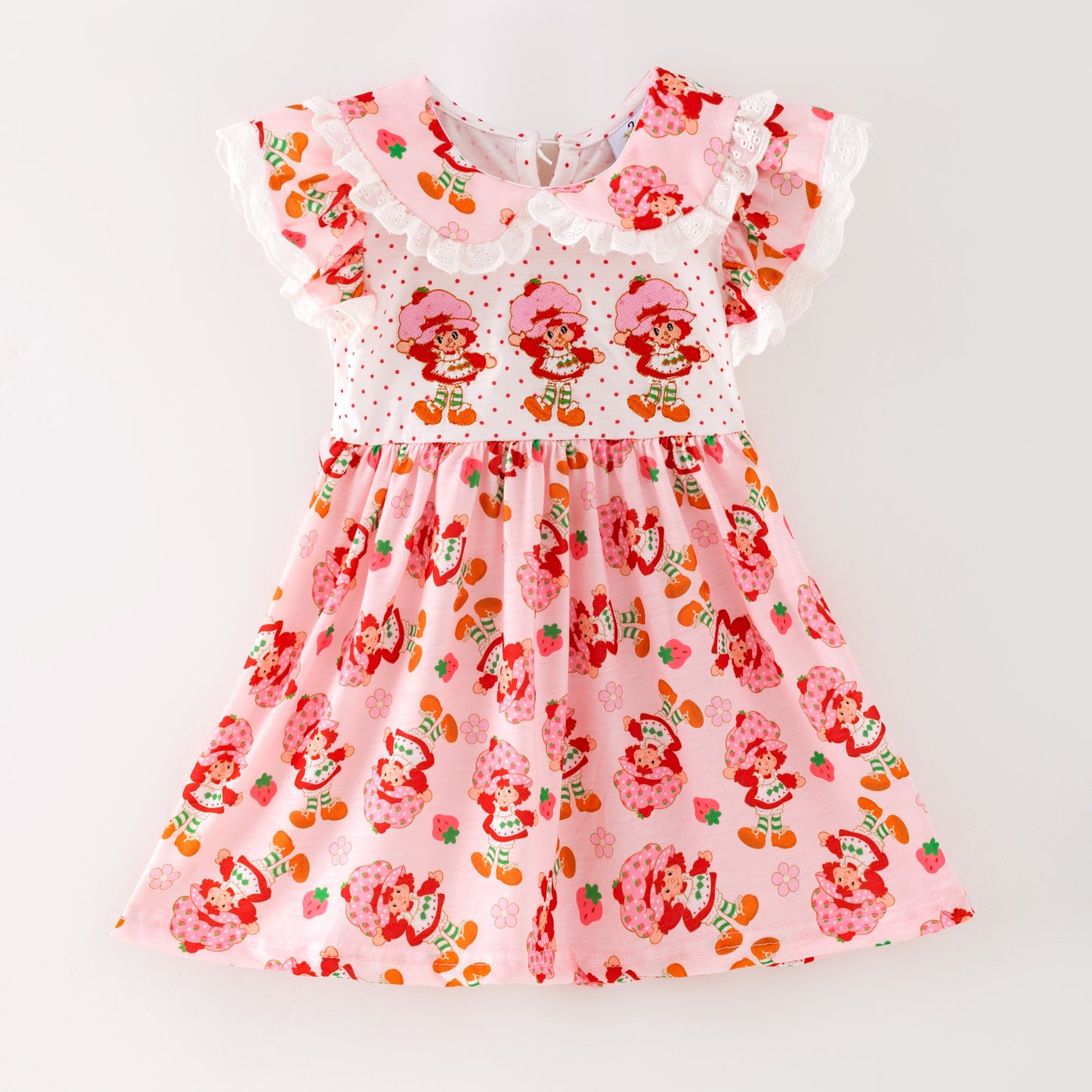 Girls Sister Summer Strawberry Pink Lace Embroidery Dress & Bubble