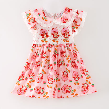 Girls Sister Summer Strawberry Pink Lace Embroidery Dress & Bubble