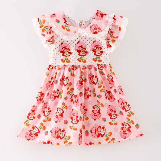 Girls Sister Summer Strawberry Pink Lace Embroidery Dress & Bubble