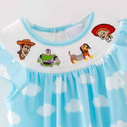 Kids Blue Cloud Cartoon Embroidery Smocked Sibling Clothes Collection