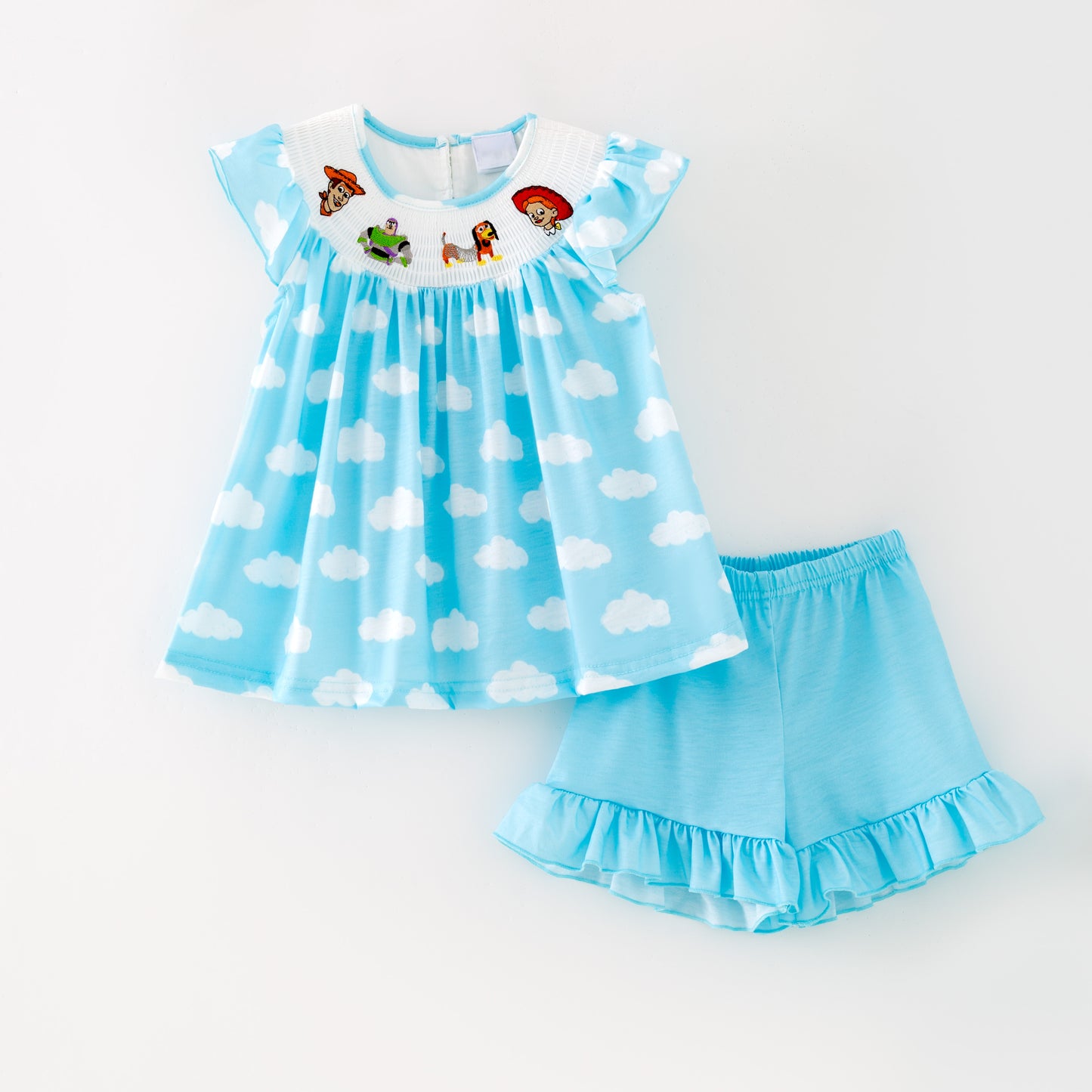 Kids Blue Cloud Cartoon Embroidery Smocked Sibling Clothes Collection
