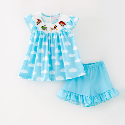 Kids Blue Cloud Cartoon Embroidery Smocked Sibling Clothes Collection
