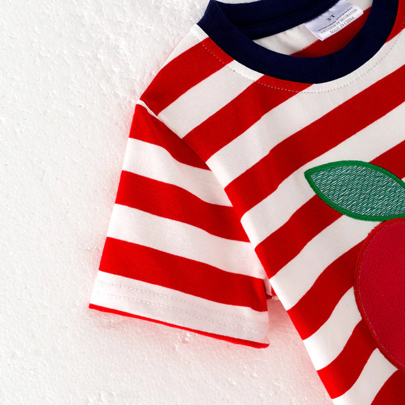 Boys Back To School Red Stripes Apple Applique T-Shirt
