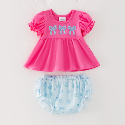 Baby Girls Summer Bow Embroidered Romper Set