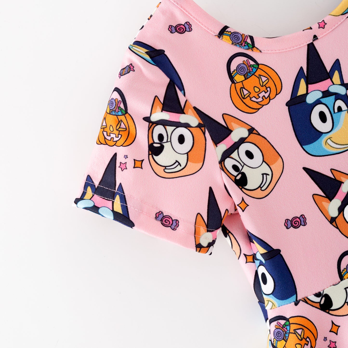 Girls Fall Halloween Bluey Cartoon Pink Short Sleeves Twirl Dress