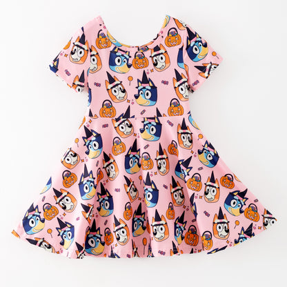 Girls Fall Halloween Bluey Cartoon Pink Short Sleeves Twirl Dress